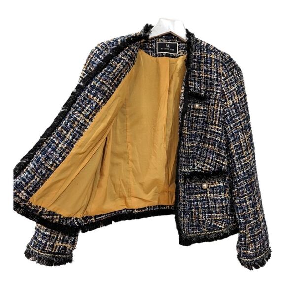 Melanie Lyne Multi-Colored Blue Tweed Open Front Blazer Jacket Frayed Trim Sz 4 - Picture 4 of 7